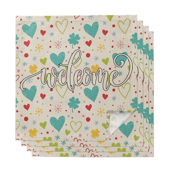 Cloth Napkins Set of 4 - 20x20 Inches, Turquoise Heart Washable Reusable Table Napkins, Rustic Three-Leaves Dots Burlap Soft & Absortbent Dining Napkin for Party Wedding Hotel Restaurant