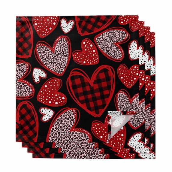Cloth Napkins Set of 4 - 20x20 Inches, Valentine's Day Washable Reusable Table Napkins, Leopard Print Love Heart Red Black Soft & Absortbent Dining Napkin for Party Wedding Hotel Restaurant