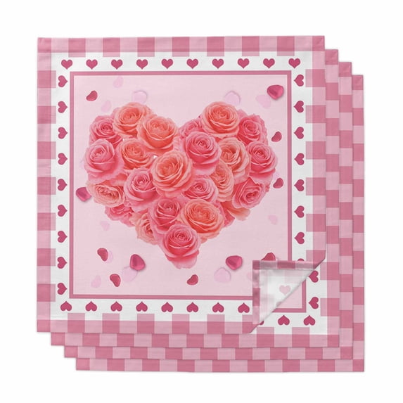 Cloth Napkins Set of 4 - 20x20 Inches, Valentine's Day Washable Reusable Table Napkins, Pink Roses Sweet Love Heart Buffalo Plaid Soft & Absortbent Dining Napkin for Party Wedding Hotel Restaurant
