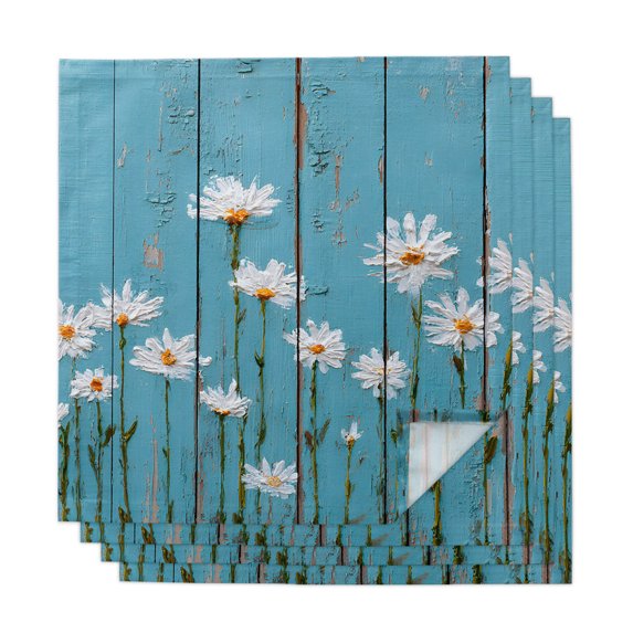 Cloth Napkins Set of 4 - 20x20 Inches, White Daisy Washable Reusable Table Napkins, Watercolor Flowers Teal Blue Wooden Grain Soft & Absortbent Dining Napkin for Party Wedding Hotel Restaurant