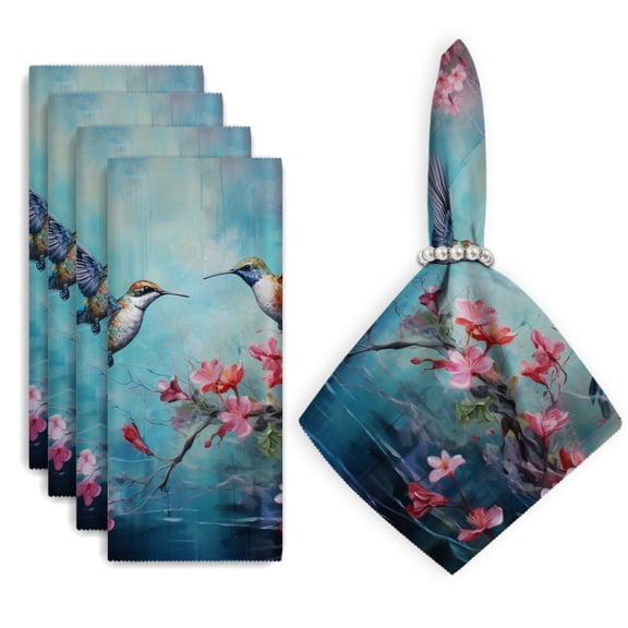 Cloth Napkins Set Of 4 Hummingbirds Flying Over Water And Surrounded By Pink Cherry Blossoms Square Napkins Washable Dining Table Napkin For Home Holiday Wedding Party Dinner Decor 18*18 Inch
