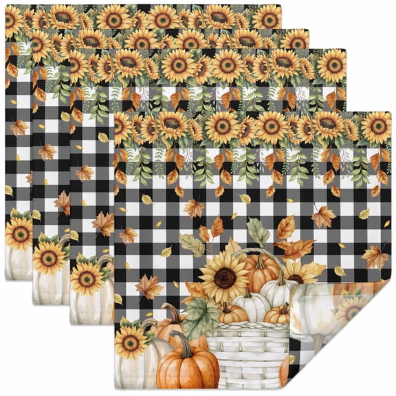 Cloth Napkins Set of 4,Washable Soft Dinner Napkins Fall Harvest Pumpkin on Buffalo Reuseable Table Napkin for Wedding Parties Holiday Events Yellow Sunflower on Black White
