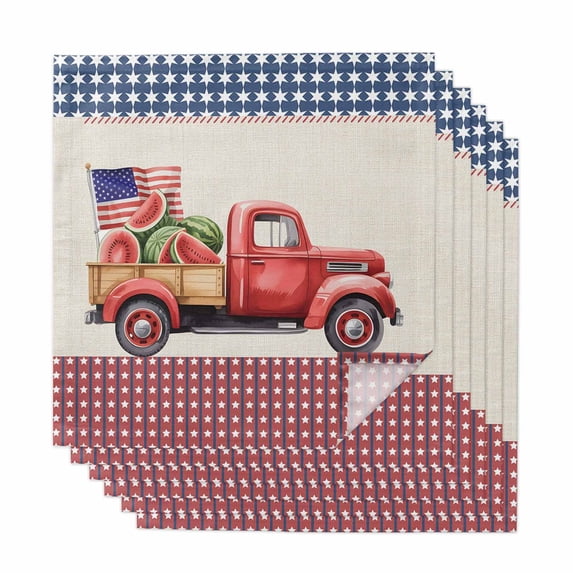 Cloth Napkins Set of 6 - 20x20 Inches, 4th of July Washable Reusable Table Napkins, Red Truck Watermelon Patriotic Star USA Flag Soft & Absortbent Dining Napkin for Party Wedding Hotel Restaurant