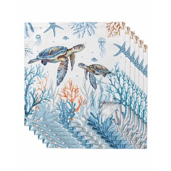 Cloth Napkins Set of 6 - 20x20 Inches, Coastal Turtle Washable Reusable Table Napkins, Blue Ocean Coral Starfish Seagrass Soft & Absortbent Dining Napkin for Party Wedding Hotel Restaurant