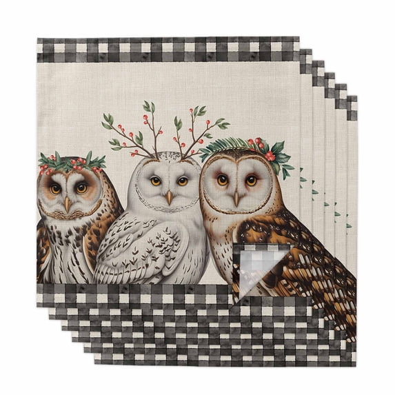 Cloth Napkins Set of 6 - 20x20 Inches, Cute Owls Washable Reusable Table Napkins, Winter Animals Berry Vintage Black Plaid Beige Soft & Absortbent Dining Napkin for Party Wedding Hotel Restaurant