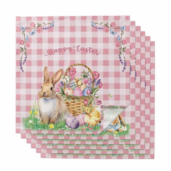 Cloth Napkins Set of 6 - 20x20 Inches, Happy Easter Washable Reusable Table Napkins, Spring Easter Eggs Bunny Floral Pink Plaid Soft & Absortbent Dining Napkin for Party Wedding Hotel Restaurant