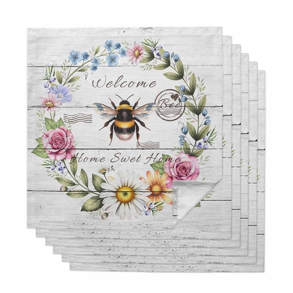 Cloth Napkins Set of 6 - 20x20 Inches, Spring Daisy Washable Reusable Table Napkins, Pink Flowers Wreath Leaves Farmhouse White Wood Soft & Absortbent Dining Napkin for Party Wedding Hotel Restaurant
