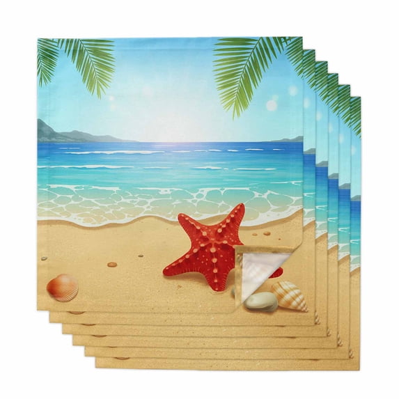 Cloth Napkins Set of 6 - 20x20 Inches, Summer Beach Washable Reusable Table Napkins, Coastal Red Starfish Conch Palm Seaside Soft & Absortbent Dining Napkin for Party Wedding Hotel Restaurant