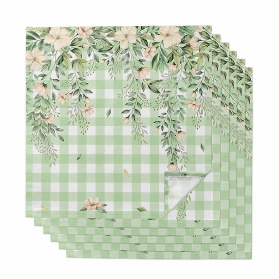 Cloth Napkins Set of 6 - 20x20 Inches, Watercolor Floral Washable Reusable Table Napkins, Spring Flowers Leaves Botanical Green Plaid Soft Absortbent Dining Napkin for Party Wedding Hotel Restaurant