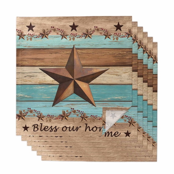 Cloth Napkins Set of 6 - 20x20 Inches, Western Texas Star Vintage Washable Reusable Table Napkins, Retro Farmhouse Turquoise Brown Wood Soft Absortbent Dining Napkin for Party Wedding Restaurant