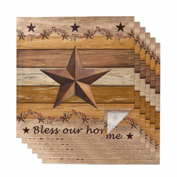 Cloth Napkins Set of 6 - 20x20 Inches, Western Texas Star Vintage Washable Reusable Table Napkins, Retro Farmhouse Yellow Brown Wooden Soft Absortbent Dining Napkin for Party Wedding Hotel Restaurant