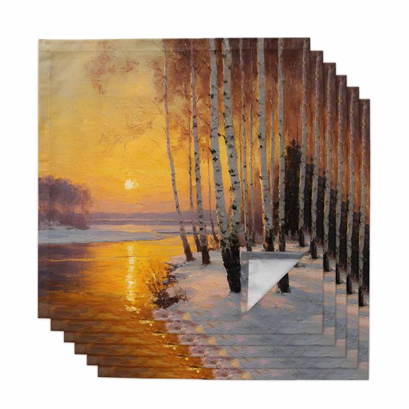 Cloth Napkins Set of 6 - 20x20 Inches, Winter Sunset Washable Reusable Table Napkins, Nature Snow Forest Landscapes Soft & Absortbent Dining Napkin for Party Wedding Hotel Restaurant