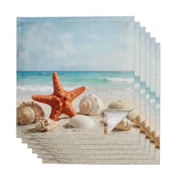 Cloth Napkins Set of 6 Coastal Starfish Shells Cocktail Napkins Conch Blue Summer Beach Washable Reusable Soft Dinner Table Napkins for Dinner Party Banquet Hotel Holiday Everyday Use 20x20 Inch