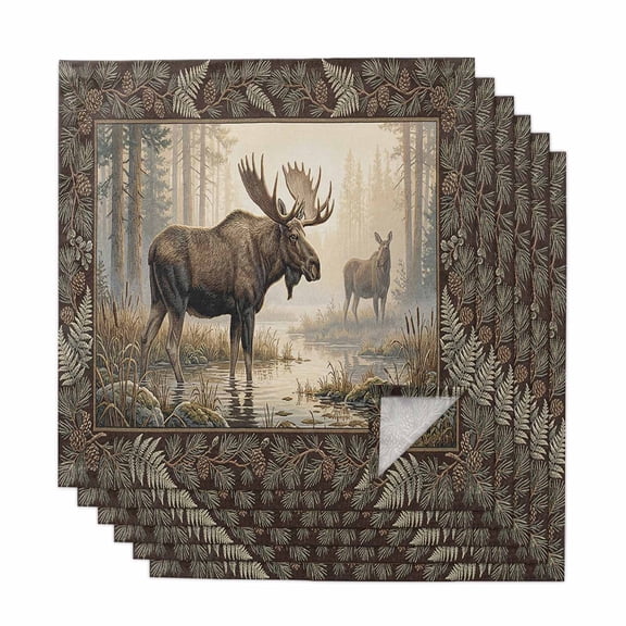 Cloth Napkins Set of 6 Forest Moose Cocktail Napkins Animal Sunlight Misty Wetland Washable Reusable Soft Dinner Table Napkins for Dinner Party Banquet Hotel Holiday Everyday Use 20x20 Inch