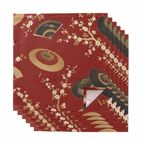 Cloth Napkins Set of 6 Golden Paper Fan Cocktail Napkins Cherry Blossom Japanese Style Red Washable Reusable Soft Dinner Table Napkins for Dinner Party Banquet Hotel Holiday Everyday Use 20x20 Inch