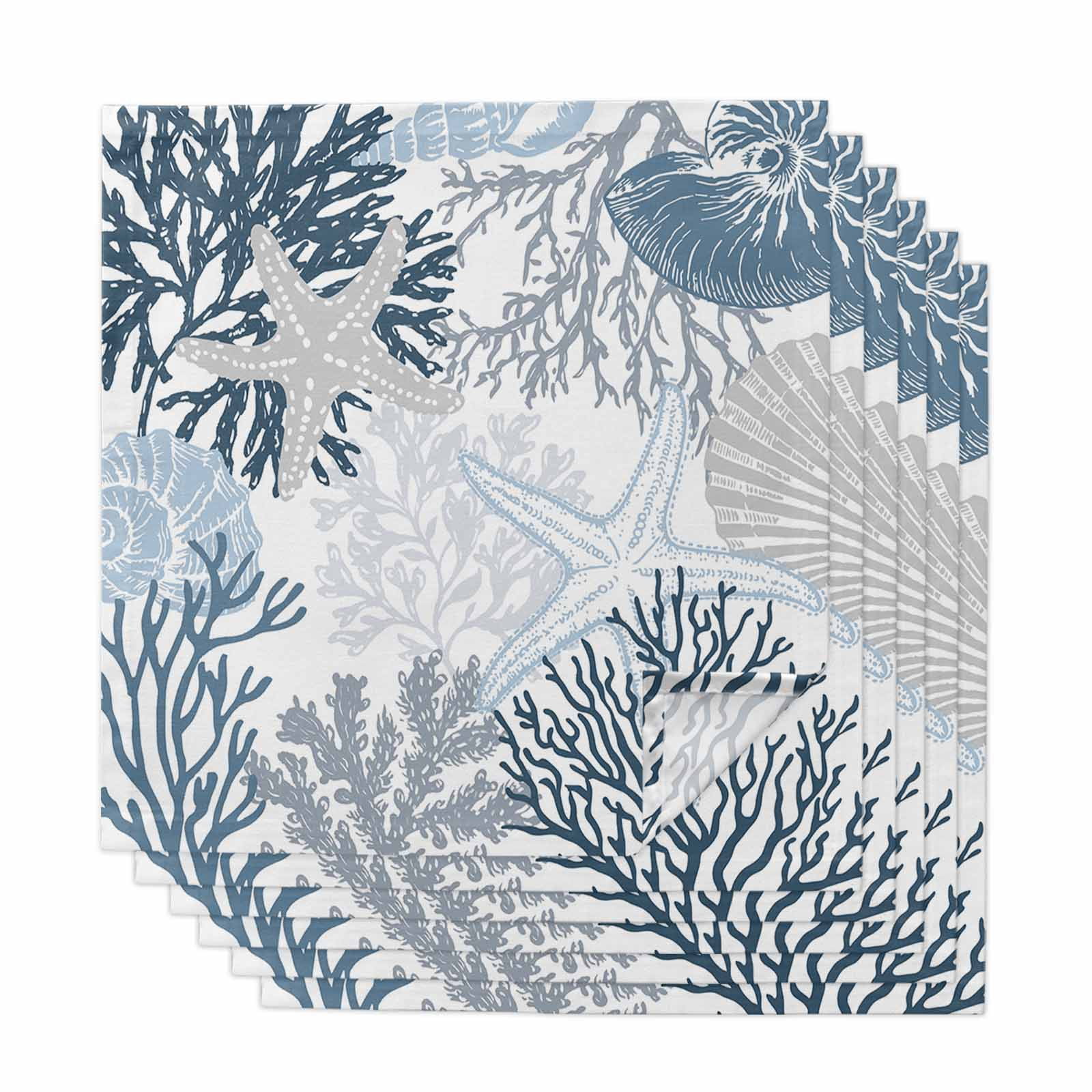 Cloth Napkins Set of 6 Ocean Coral Starfish Cocktail Napkins Blue Grey ...