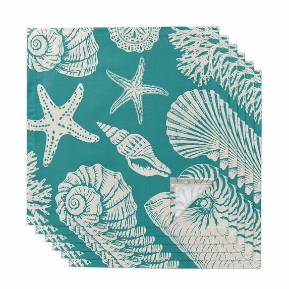 Cloth Napkins Set of 6 Shell Starfish Cocktail Napkins Teal Green ...