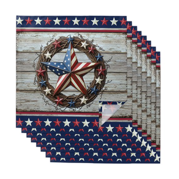 Cloth Napkins Set of 8 - 20x20 Inches, 4th of July Washable Reusable Table Napkins, Farmhouse America Flag Stars Stripes Wood Red Blue Soft & Absortbent Dining Napkin for Party Wedding Hotel