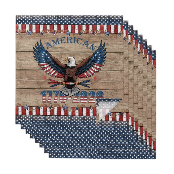 Cloth Napkins Set of 8 - 20x20 Inches, American Eagle Washable Reusable Table Napkins, 250 4th of July Patriotic Striped Wooden Soft & Absortbent Dining Napkin for Party Wedding Hotel Restaurant