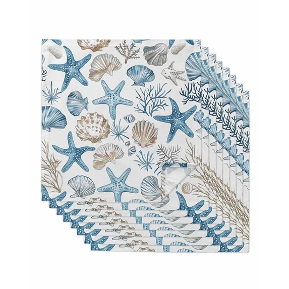 Cloth Napkins Set of 8 - 20x20 Inches, Blue Beige Coastal Washable Reusable Table Napkins, Summer Beach Nautical Starfish Shell Soft & Absortbent Dining Napkin for Party Wedding Hotel Restaurant