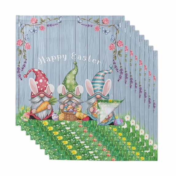 Cloth Napkins Set of 8 - 20x20 Inches, Easter Bunny Gnomes Washable Reusable Table Napkins, Spring Easter Eggs Floral Blue Wood Soft & Absortbent Dining Napkin for Party Wedding Hotel Restaurant