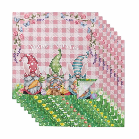 Cloth Napkins Set of 8 - 20x20 Inches, Easter Bunny Gnomes Washable Reusable Table Napkins, Spring Easter Eggs Floral Pink Plaid Soft & Absortbent Dining Napkin for Party Wedding Hotel Restaurant