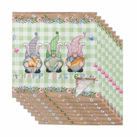 Cloth Napkins Set of 8 - 20x20 Inches, Easter Washable Reusable Table Napkins, Spring Pastoral Gnomes Bunny Eggs Green Lattice Soft & Absortbent Dining Napkin for Party Wedding Hotel Restaurant