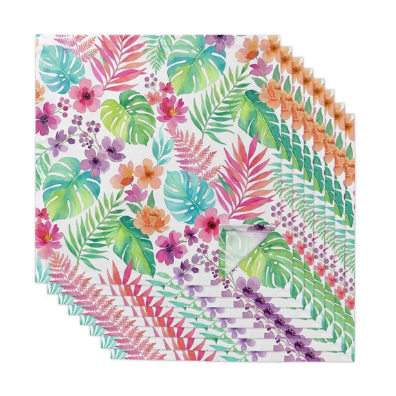 Cloth Napkins Set of 8 - 20x20 Inches, Pink Flowers Washable Reusable Table Napkins, Green Tropical Summer Botanical Watercolor Soft & Absortbent Dining Napkin for Party Wedding Hotel Restaurant