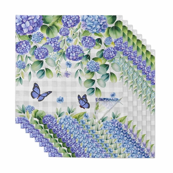 Cloth Napkins Set of 8 - 20x20 Inches, Purple Hydrangea Washable Reusable Table Napkins, Spring Eucalyptus Butterfly Grey Plaid Soft & Absortbent Dining Napkin for Party Wedding Hotel Restaurant