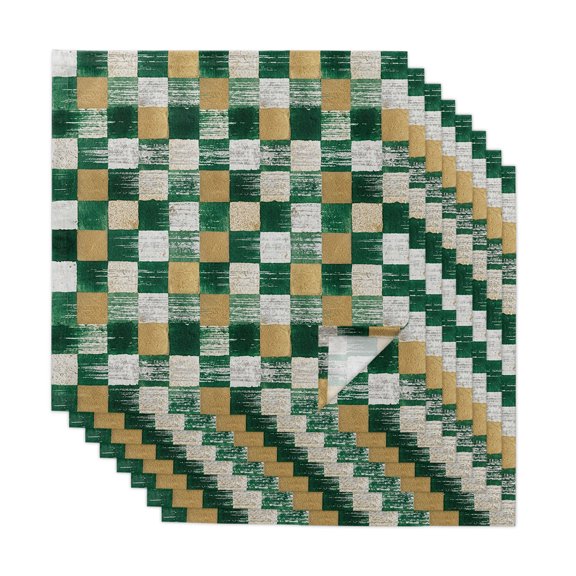 Cloth Napkins Set of 8 Green Gold Squares Block Cocktail Napkins Geometric Checkerboard Washable Reusable Soft Dinner Table Napkins for Dinner Party Banquet Hotel Holiday Everyday Use 20x20 Inch