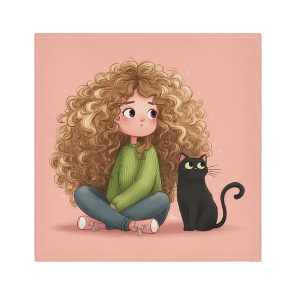 Cloth Napkins Set of1 100% Satin Peachskin Velvet 20x20inx1 Napkins Cloth napkins are washable Soft and Absorbent Adorable Blonde Girl and Cat