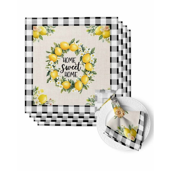 Cloth Napkins Summer Lemon Floral on Linen Washable Soft Kitchen Dinner Napkin Set of 4,Vintage Black White Buffalo Plaid Reusable Cocktail Napkins for Wedding Holiday Party Event,20x20In