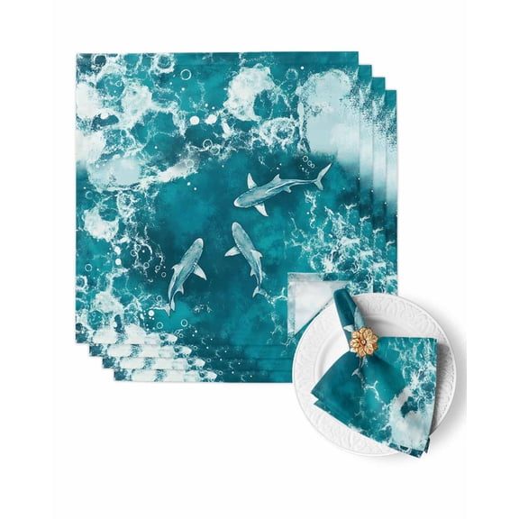 Cloth Napkins Summer Nautical Marine Shark Washable Soft Kitchen Dinner Napkin Set of 4,Watercolor Underwater Creature Reusable Cocktail Napkins for Wedding Holiday Party Event,20x20In
