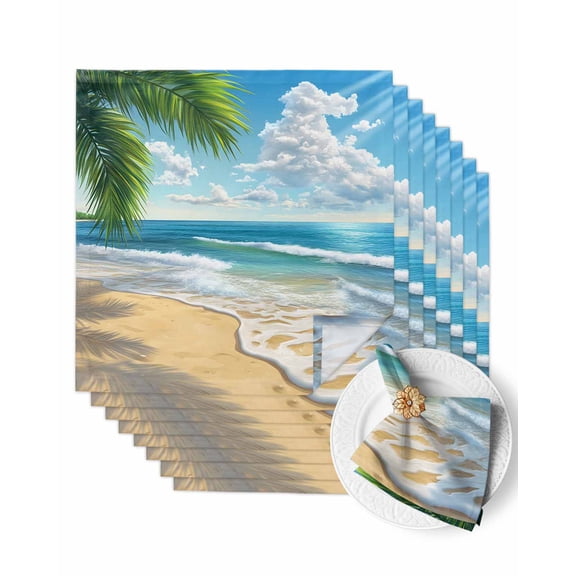Cloth Napkins Summer Ocean Beach Palm Tree Washable Soft Kitchen Dinner Napkin Set of 8,Tropical Coastal Scene Reusable Cocktail Napkins for Wedding Holiday Party Event,20x20In
