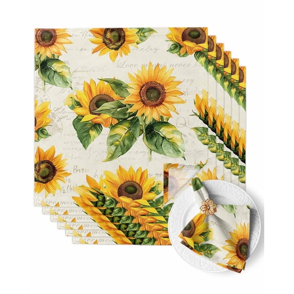Cloth Napkins Summer Watercolor Sunflower Washable Soft Kitchen Dinner Napkin Set of 6,Green Leaves Retro Letter Texture Reusable Cocktail Napkins for Wedding Holiday Party Event,20x20In