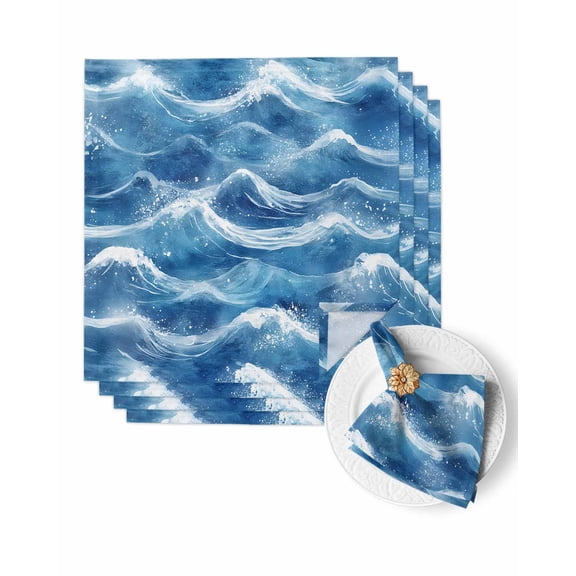 Cloth Napkins Watercolor Blue Ocean Sea Waves Washable Soft Kitchen Dinner Napkin Set of 4,Coastal Beach Landscape Reusable Cocktail Napkins for Wedding Holiday Party Event,20x20In