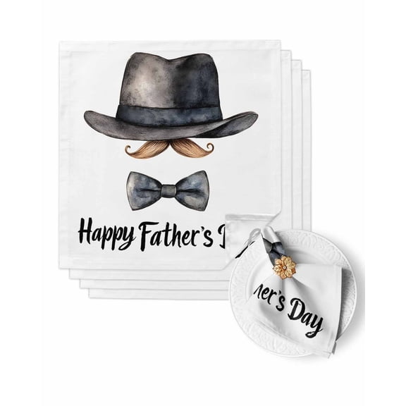 Cloth Napkins Watercolor Hat Beard Bow Tie Washable Soft Kitchen Dinner Napkin Set of 4,Happy Father's Day Text on White Reusable Cocktail Napkins for Wedding Holiday Party Event,20x20In