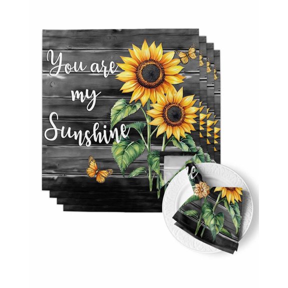 Cloth Napkins Watercolor Sunflower Butterfly Washable Soft Kitchen Dinner Napkin Set of 4,Sunshine Quote Black Wooden Reusable Cocktail Napkins for Wedding Holiday Party Event,20x20In