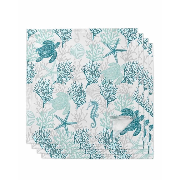 Cloth Napkins Watercolor Teal Gray Coral Turtle Washable Soft Kitchen Dinner Napkin Set of 4