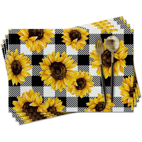 Cloth Placemat 18 x 12 Inches,Linen Set of 4 Decorative Washable Place Mats Table Placemat for Dining,Kitchen & Camping,Golden Sunflowers on a Black and White Checkered,Gold Yellow