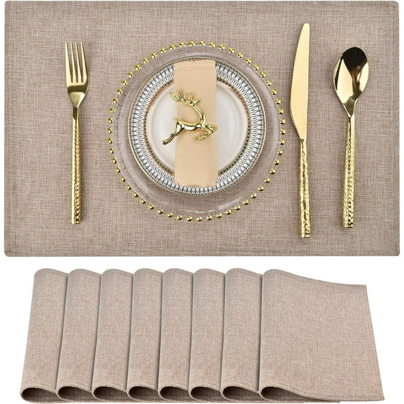 Cloth Placemats Set of 8 - Double Thickened Easy to Clean Linen Style Fabric Placemats - Machine Washable Placemats - Heat Resistant Non-slip Table Mats (Natural Linen, 8)