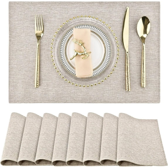 Cloth Placemats Set of 8 - Easy to Clean Fabric Table Placemats - Machine Washable Placemats- Heat Resistant Non-slip Table Mats (Beige Gray, 8)