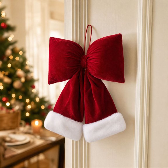 Cloth PreTied 3D Red Christmas Bow Ornament, Small Finished Bow Hanging Pendant, Christmas Tree, Gift Wrapping, Indoor Holiday Home Party Decoration