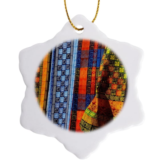 3drose, Cloth Stall, African Curio Market, Cape Town, South Africa., 3 inch Snowflake Porcelain Ornament