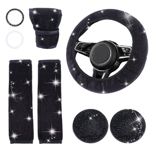 Cloth Steering Wheel Covers Safe Non Slip Car Accessory with Rhinestone PU Leather Black 70x6mm