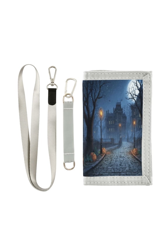 Cloth Wallet with Lanyard & Multiple Compartments Fashion Purse Zipper Clutch Bag for Cash Cards Coins Ancient Haunted House in The Moonlight