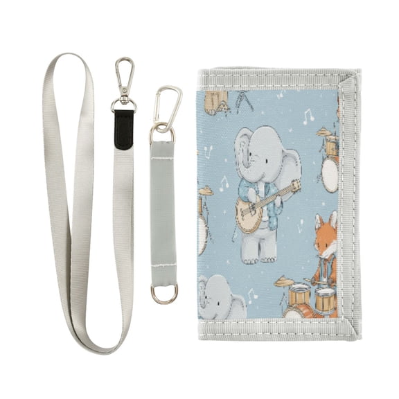 Cloth Wallet with Lanyard & Multiple Compartments Fashion Purse Zipper Clutch Bag for Cash Cards Coins Animals Playing Musical Instruments
