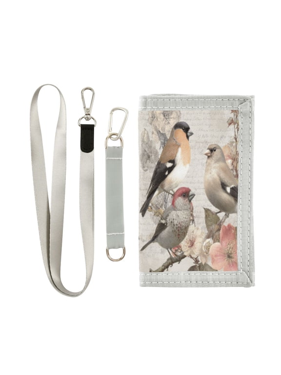 Cloth Wallet with Lanyard & Multiple Compartments Fashion Purse Zipper Clutch Bag for Cash Cards Coins Beautiful Birds Sitting on Branches