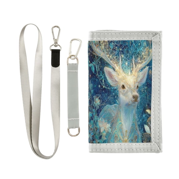 Cloth Wallet with Lanyard & Multiple Compartments Fashion Purse Zipper Clutch Bag for Cash Cards Coins Beautiful Glowing Deer