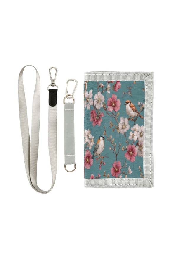 Cloth Wallet with Lanyard & Multiple Compartments Fashion Purse Zipper Clutch Bag for Cash Cards Coins Birds and Cherry Pattern